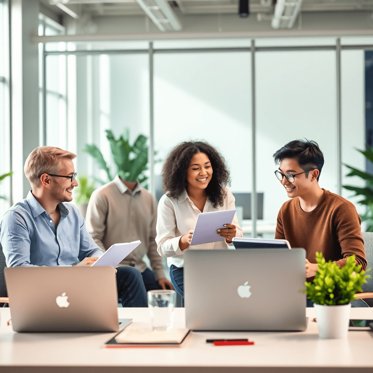 A diverse group of content creators collaborates in a bright office, surrounded by laptops, notebooks, and digital tools, engaged in lively discussions and brainstorming ideas.
