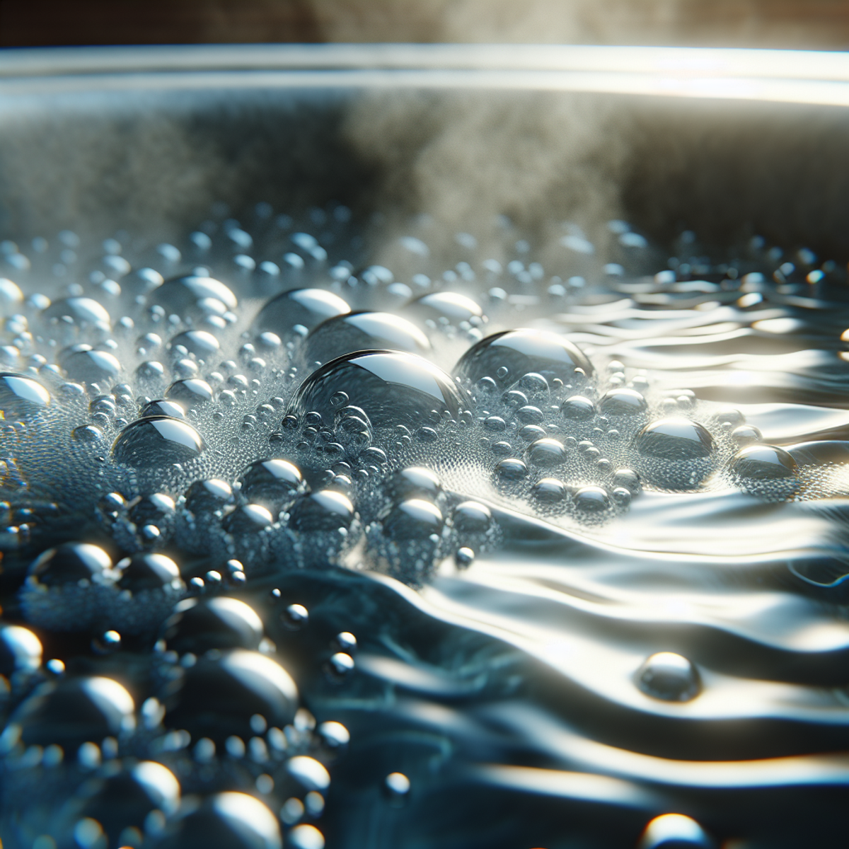 A hot tub filled with clean, translucent water and steam rising from the surface.
