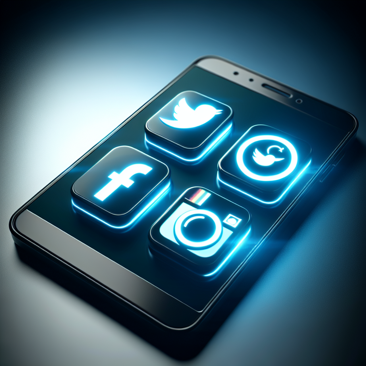 Smartphone with glowing social media platform icons - photo sharing, social networking, microblogging.