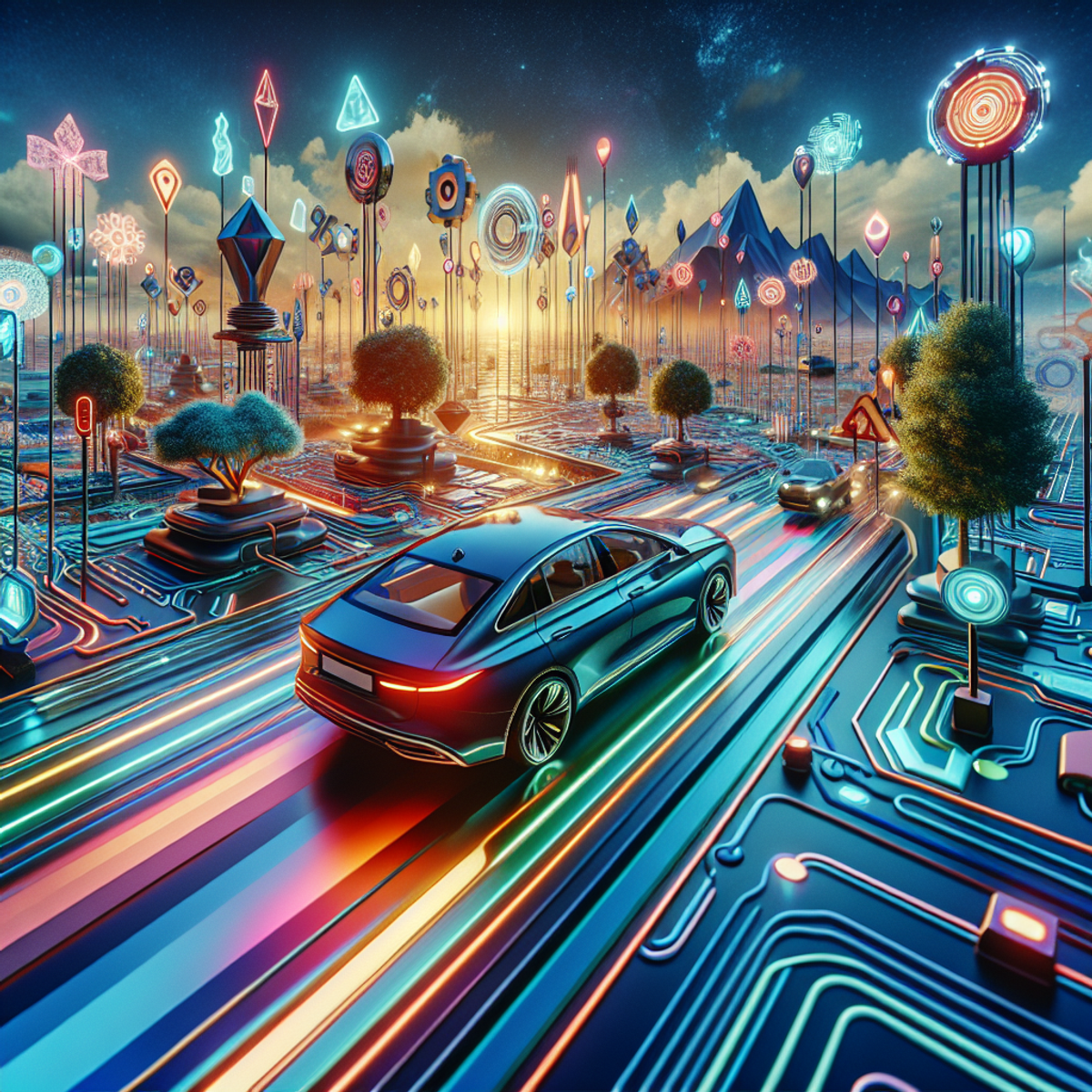 Futuristic car driving through digital landscape.