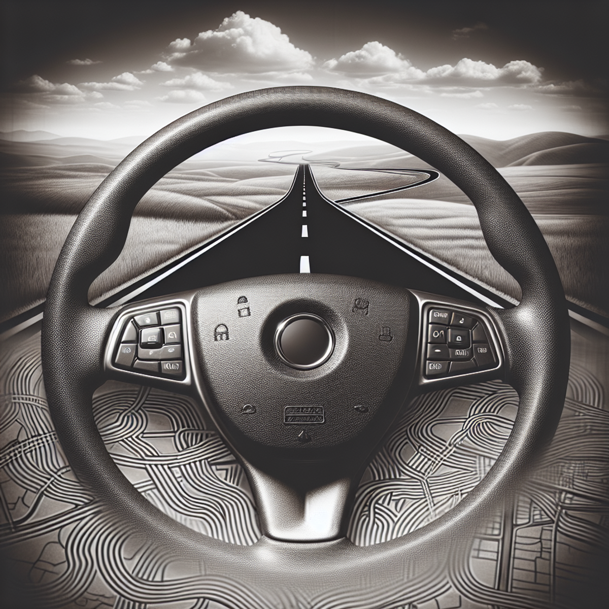 Close-up of a car steering wheel with a symbolic road map in the windshield.