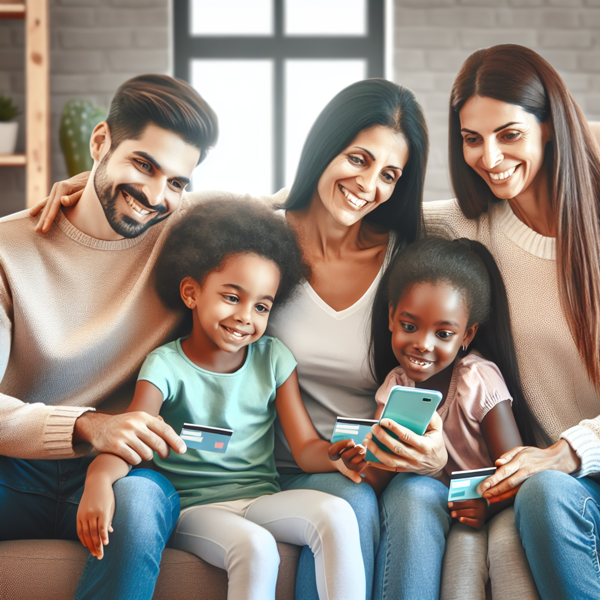A diverse family of four, consisting of a Caucasian man, a Middle-Eastern woman, and their two children, a South Asian girl and a Black boy, happily gathered around a smartphone in the living room of their home. They are using a mobile application for managing their finances, giving an impression of ease and convenience. Their expressions and body language communicate understanding, satisfaction, and bonding over this activity.