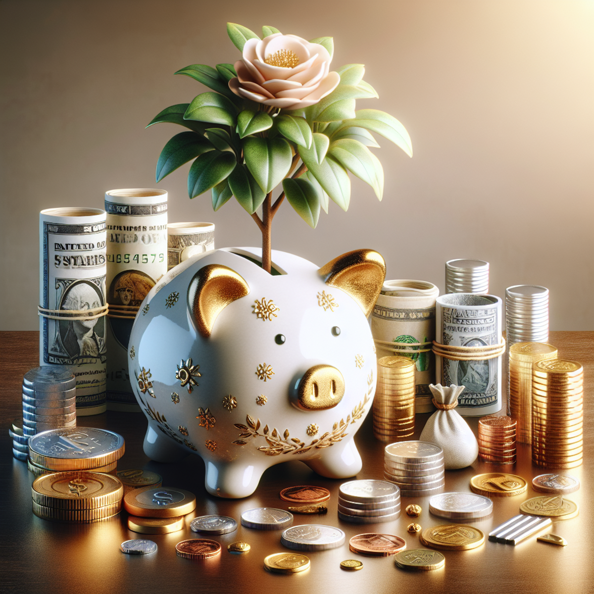 An antique piggy bank filled with coins and bills, surrounded by symbols of alternative financial strategies on a polished wooden table with warm lighting.