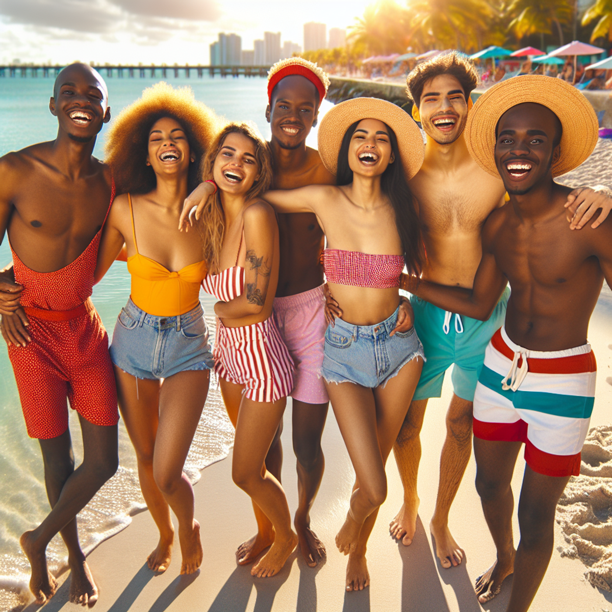 A diverse group of friends wearing colorful beach outfits, laughing and enjoying each other's company on the sunny Miami beach. The waves crash in the background as they bask in the warmth of the sun, creating a lively and carefree atmosphere.