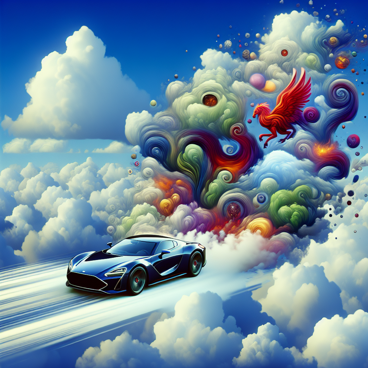 A car soaring through mythological clouds.
