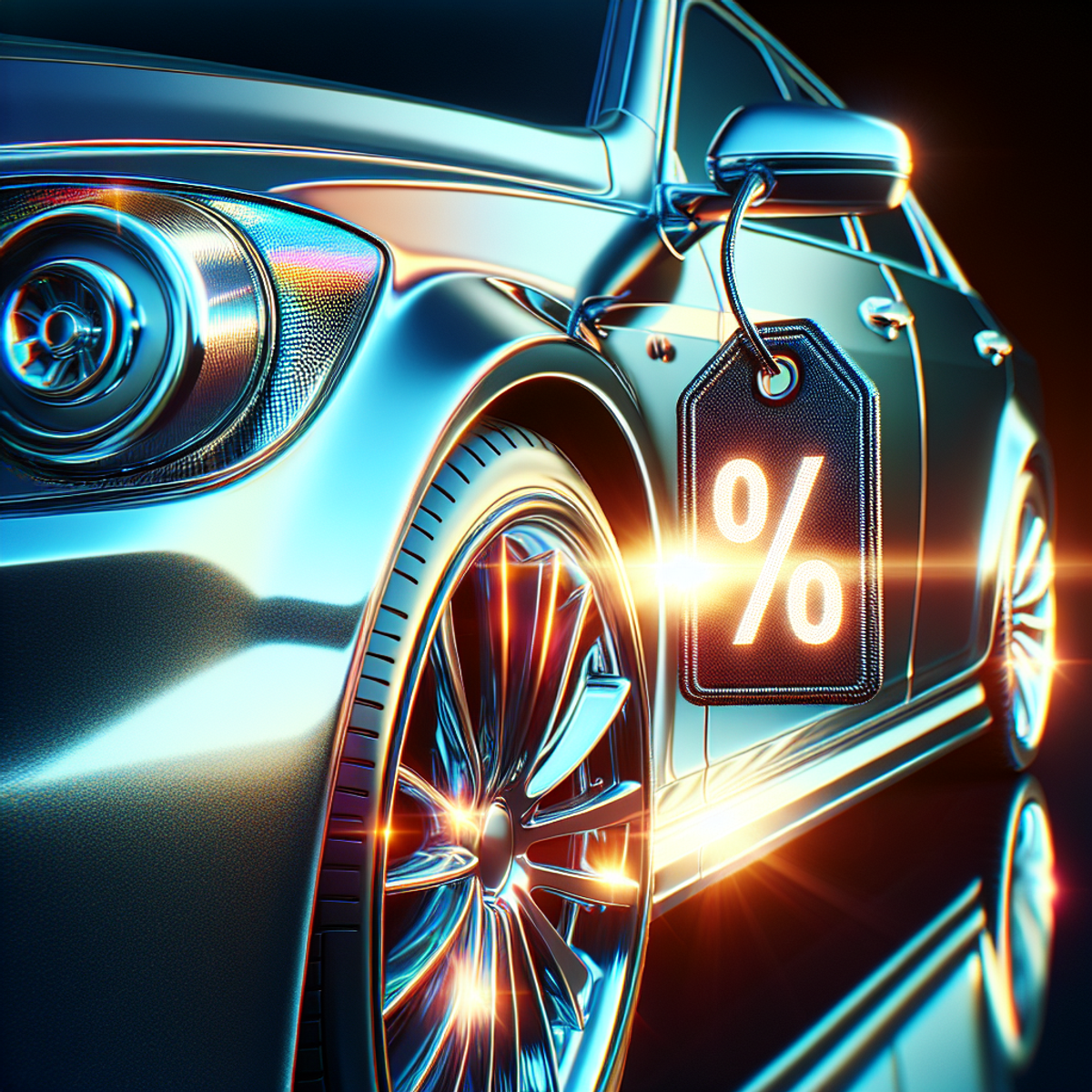 A shiny, metallic car with a radiant sparkle and a discount tag on the side mirror.