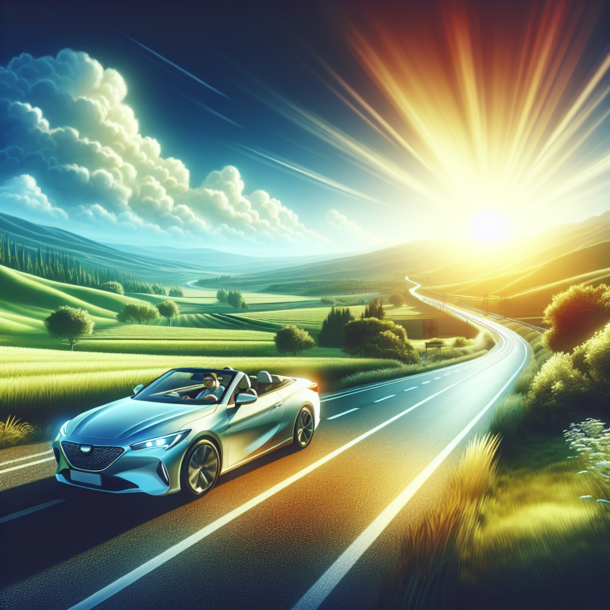 A red convertible car cruising along a sunlit road with green fields and clear skies.