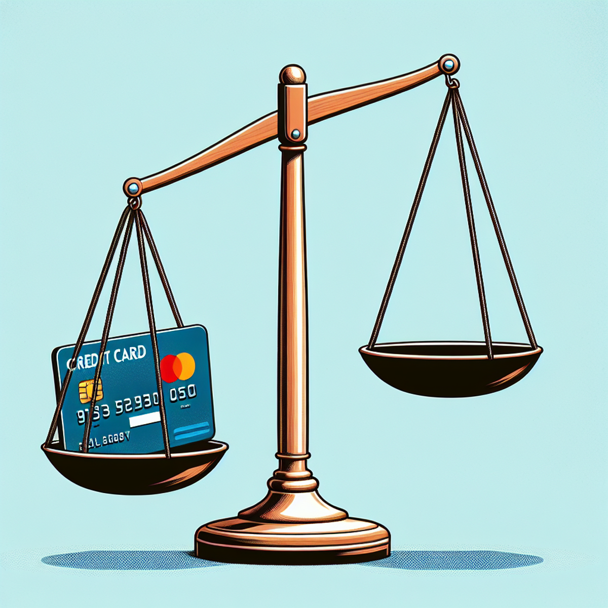 A credit card precariously balanced on one side of a traditional balance scale, symbolizing financial equilibrium.
