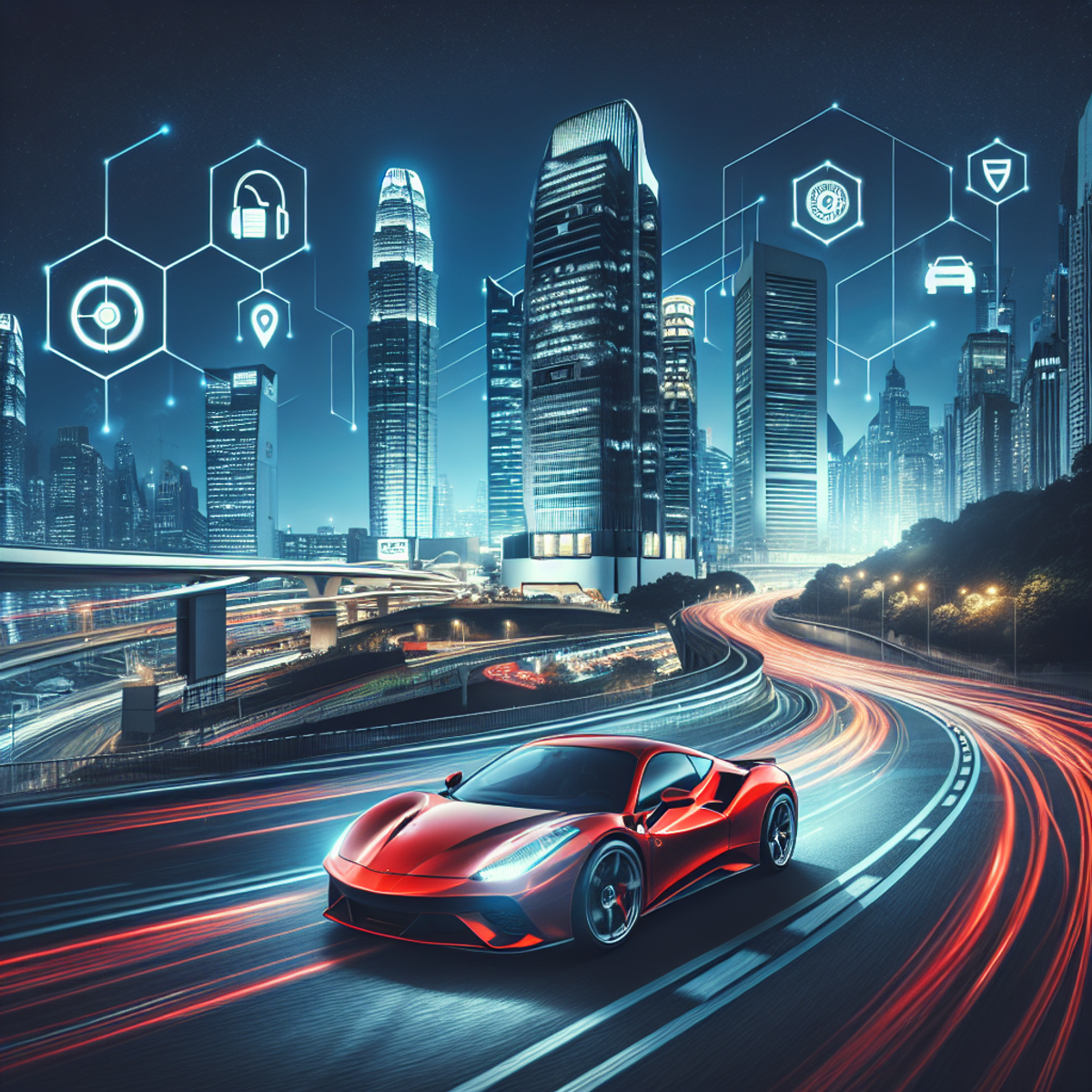 A red sports car racing through a vibrant cityscape at night.