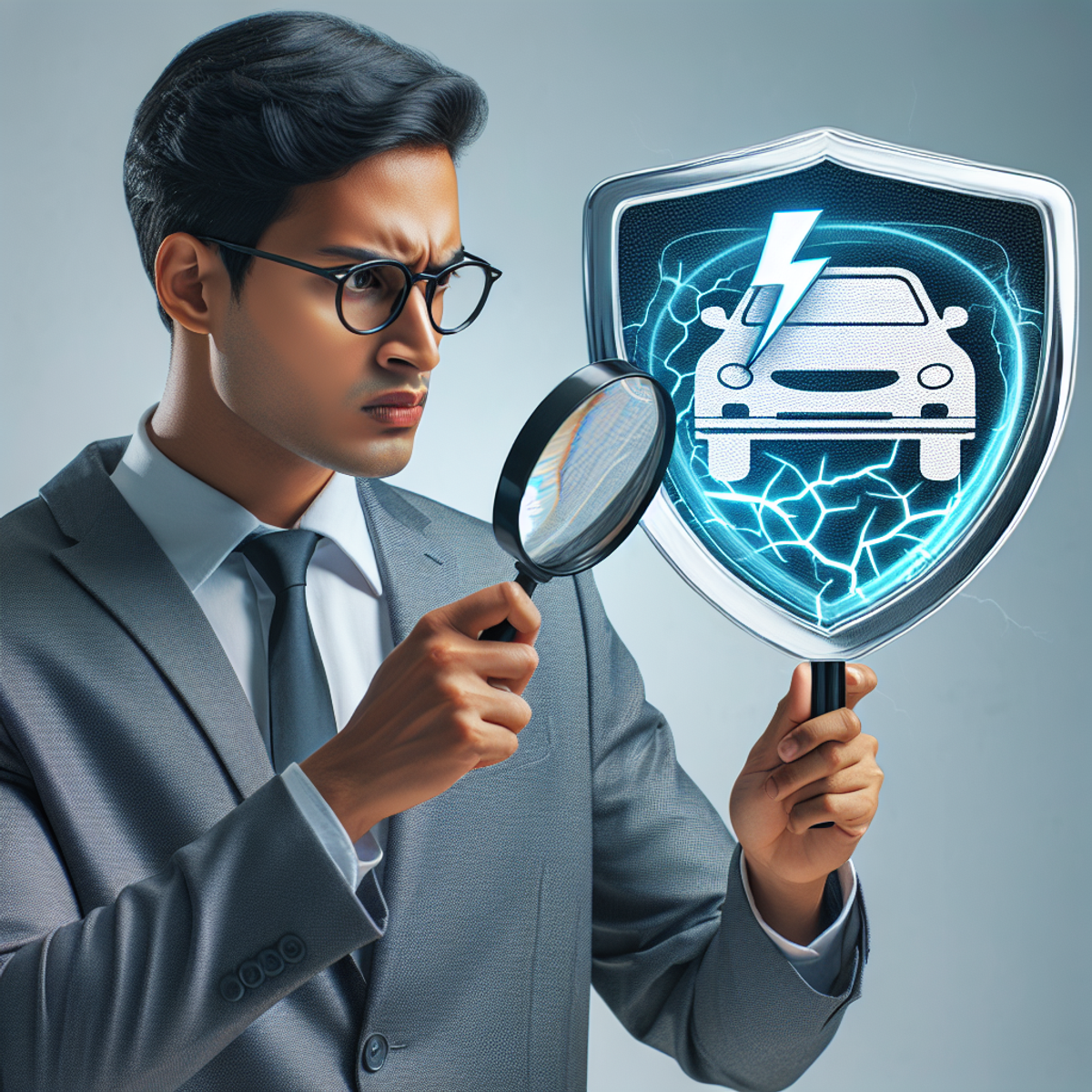 A South Asian insurance agent studying a high-risk driver symbol with a magnifying glass.