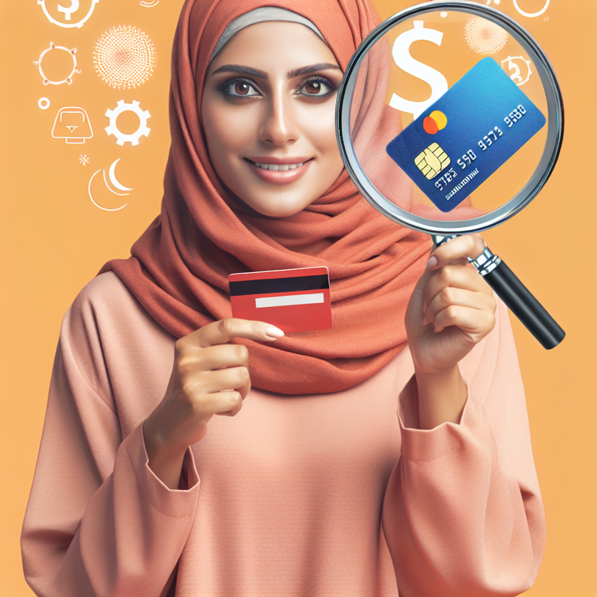 A woman holding a credit card and examining it with a magnifying glass.