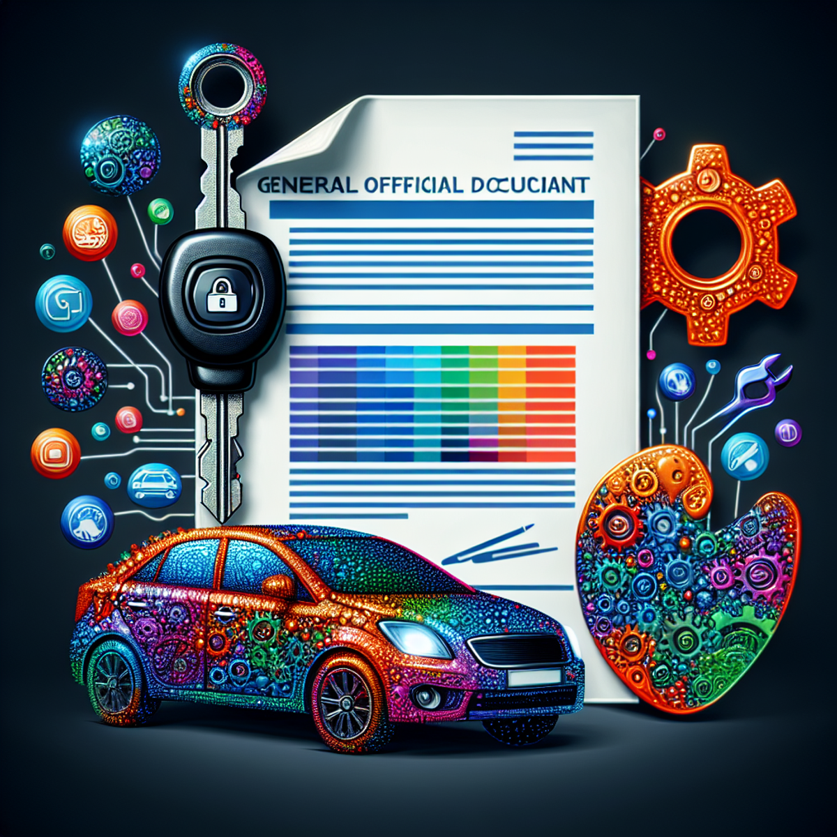 Colorful car key with insurance policy document and various icons around it.