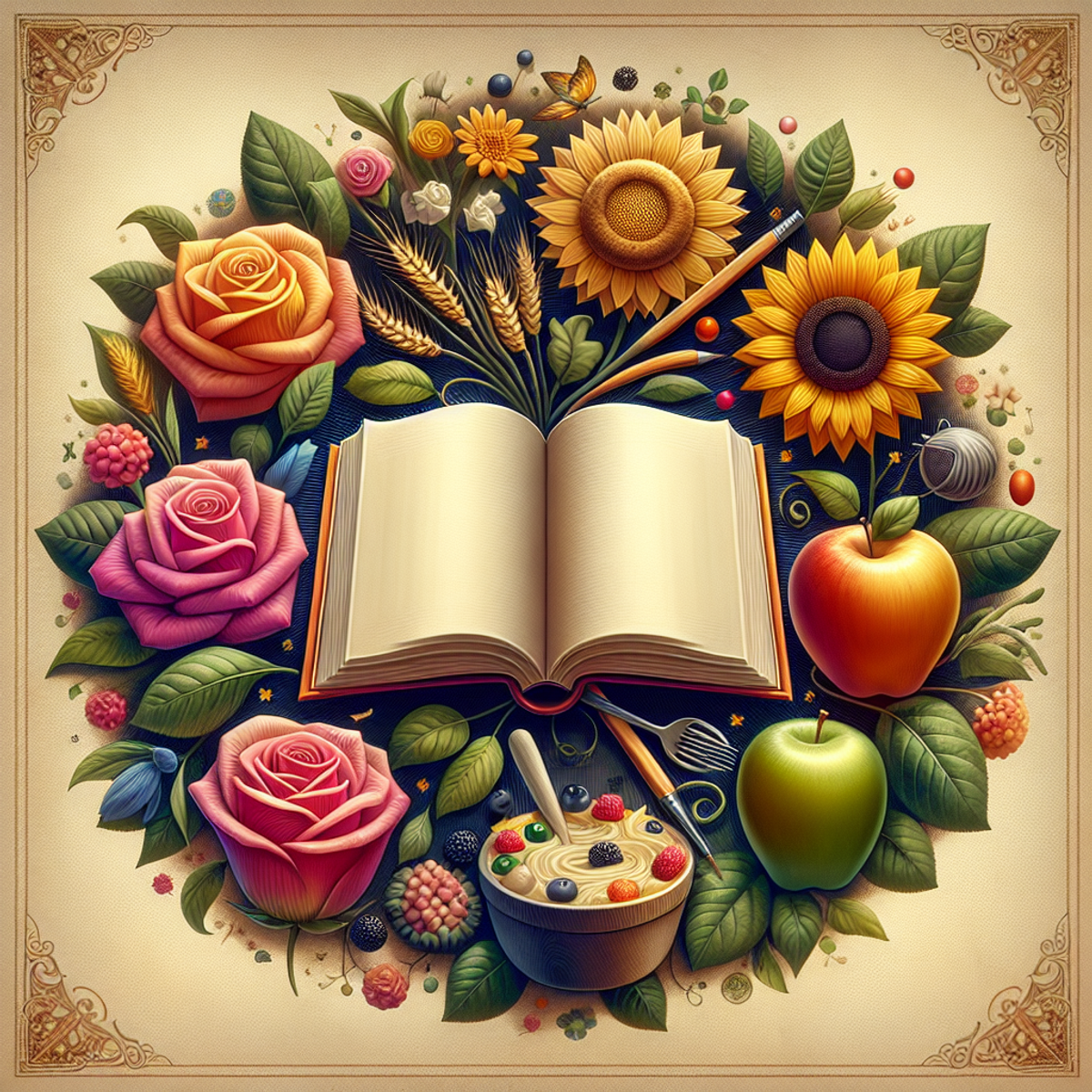 An image of a vibrant poetry book at the center, surrounded by blooming flowers representing agriculture, an apple symbolizing education, and various delicious fruits representing culinary exploration.
