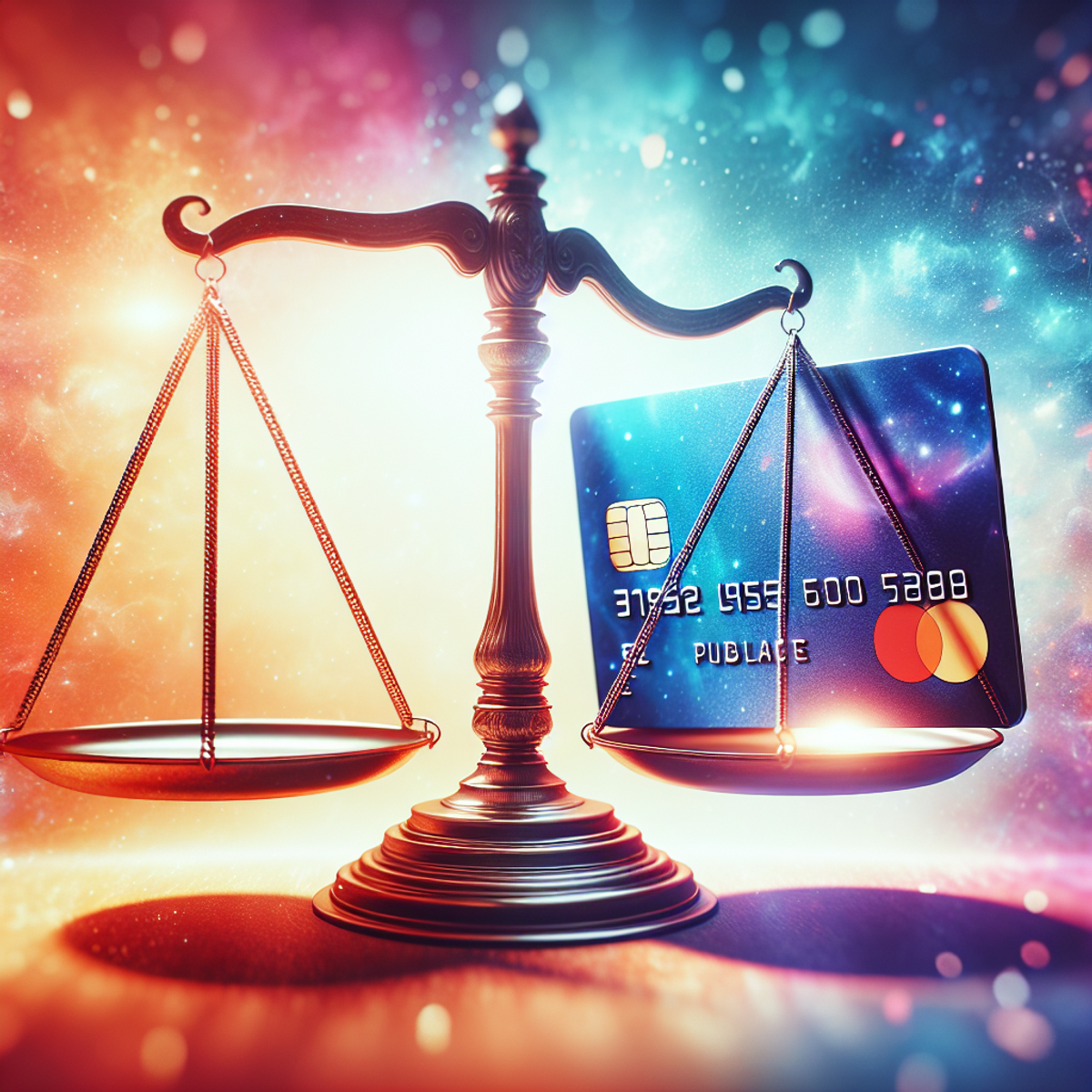 Credit card floating above a balanced scale.