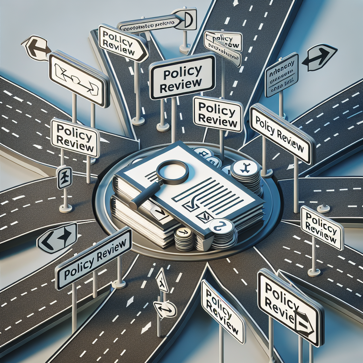 Intersection of roads with signs symbolizing policy review.