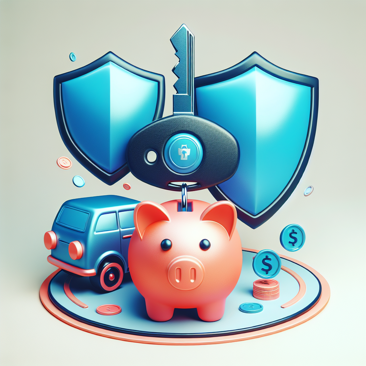 Car key, shield, and piggy bank arranged closely on a light neutral background.