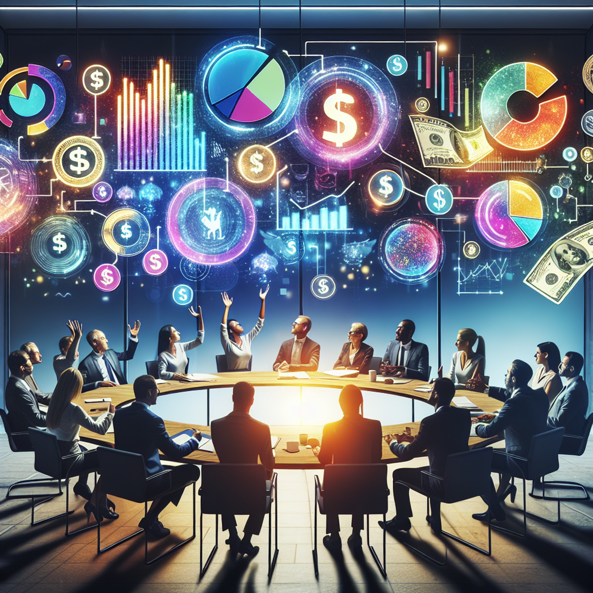 A diverse group of people engaged in an animated financial discussion around a circular table, with scattered financial symbols like dollar notes, coins, pie charts, and graphs.