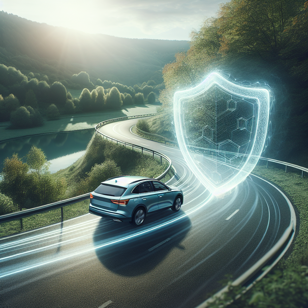 A mid-sized car confidently navigating a curved road amidst a serene landscape, leaving visible tire trails in its wake, with an ethereal, translucent shield symbol hovering above it.
