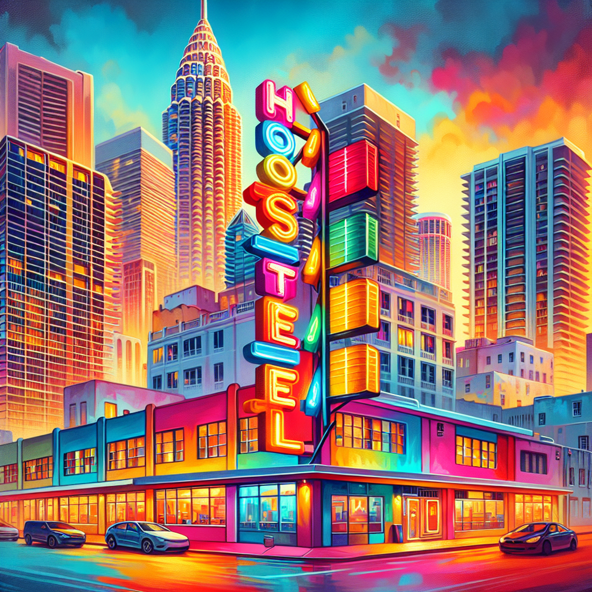 Hostel sign against Miami skyline at dusk.