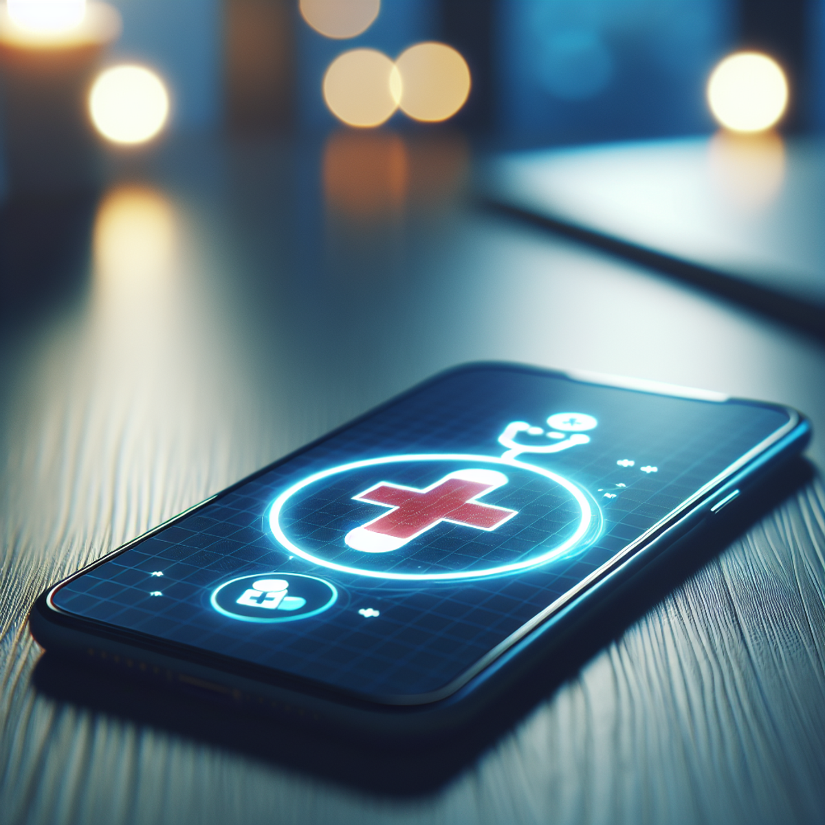 Smartphone with glowing healthcare app icon on wooden desk