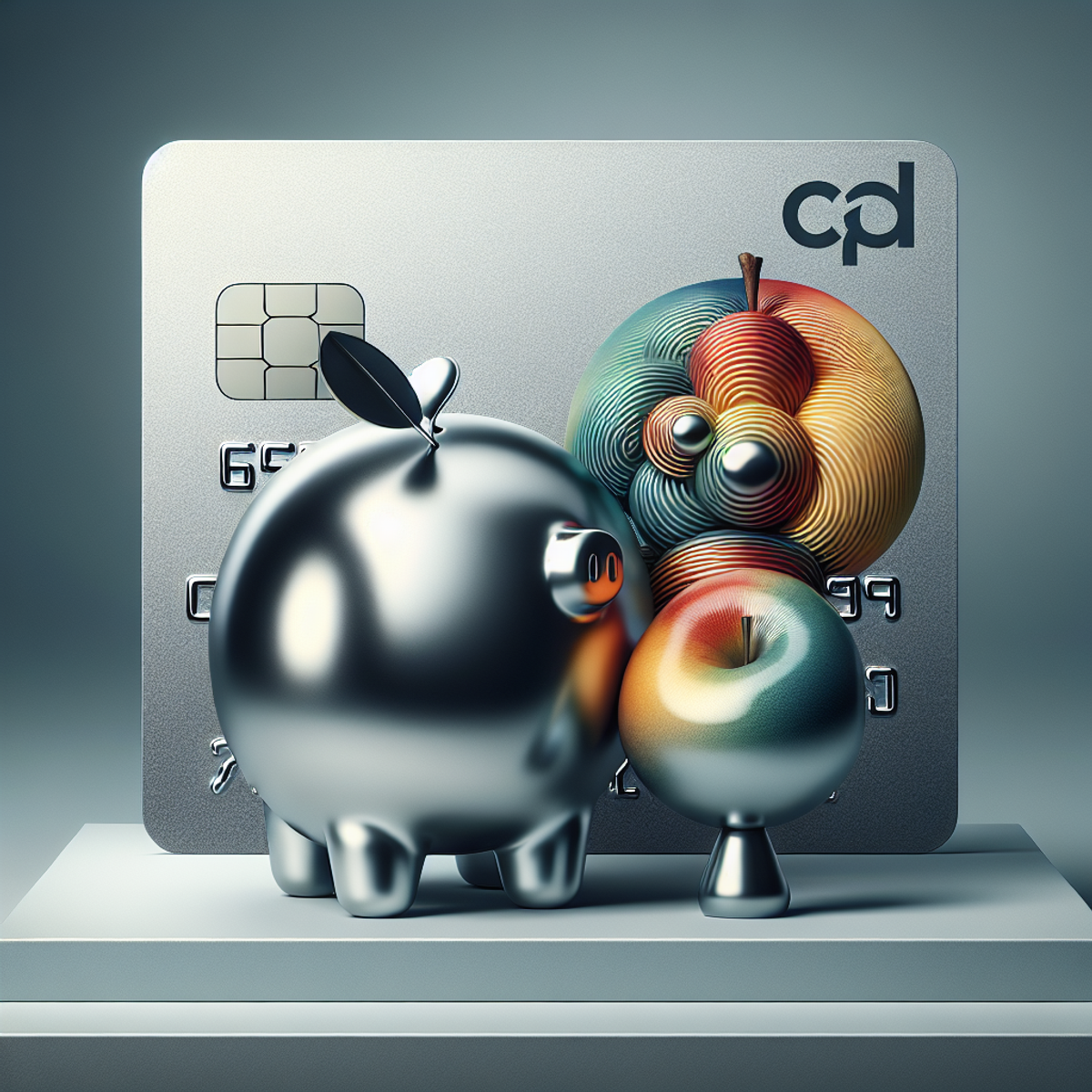 Alt text: A silver card with abstract fruit design next to an old-fashioned piggy bank symbolizing modern financial solutions meeting traditional banks.