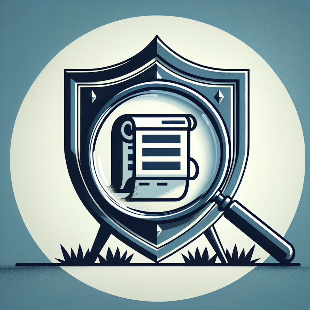 A large medieval shield with a scroll symbol and a magnifying glass.