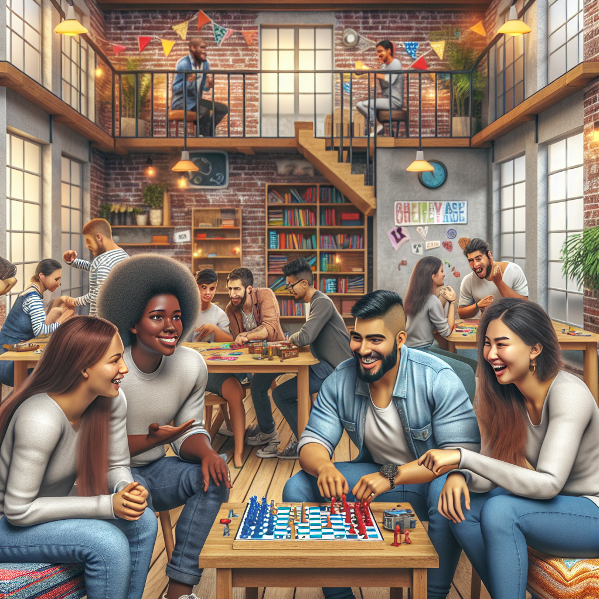 A diverse group of people socializing and playing games in a hostel common area.