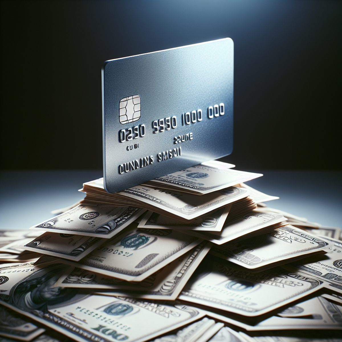A metallic credit card hovering over a pile of cash bills on a table