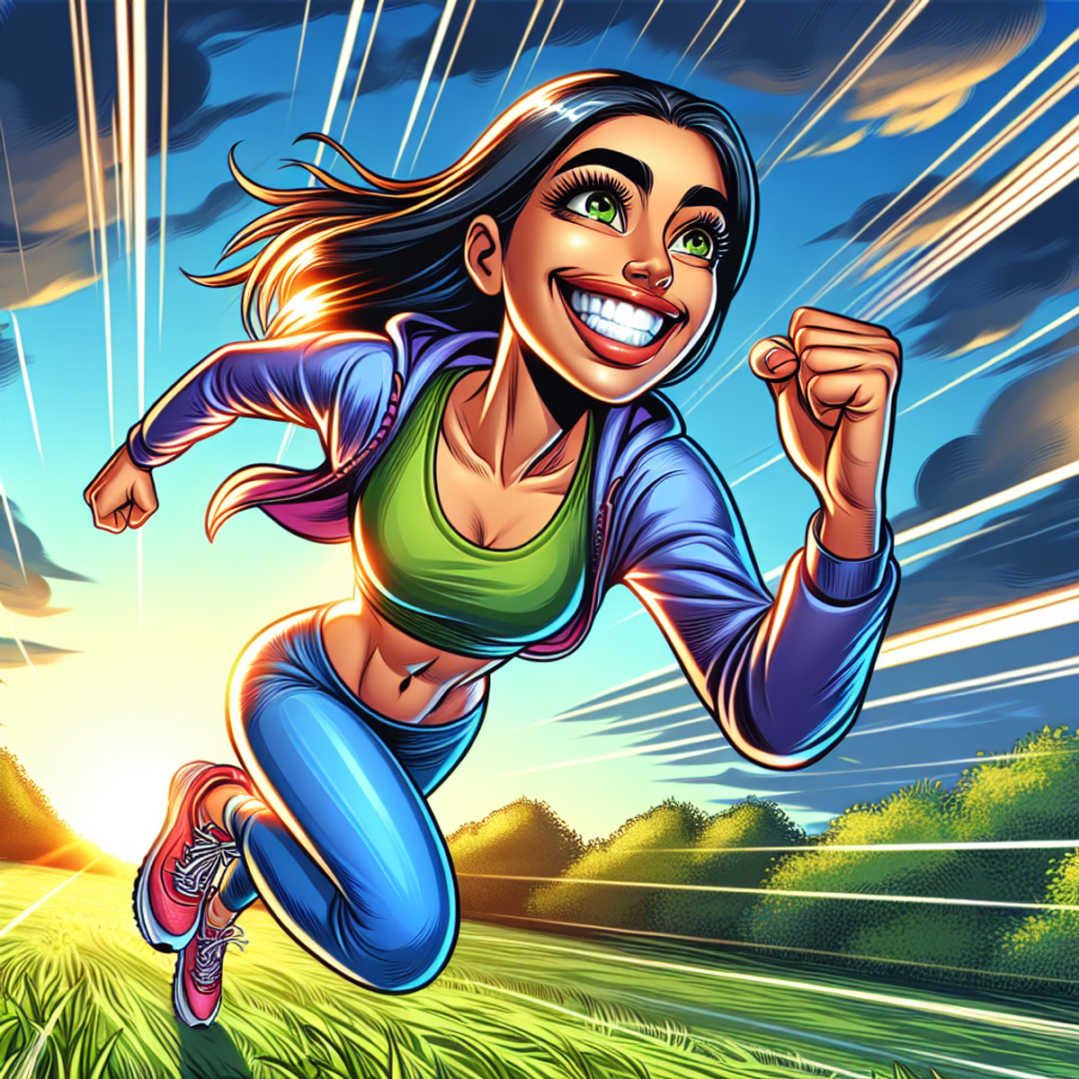 A cheerful Middle-Eastern woman sprinting through a lush, green meadow.