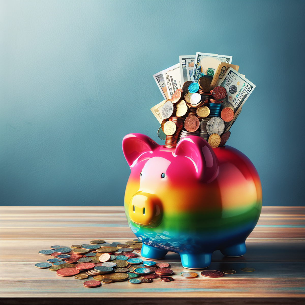 Colorful overflowing piggy bank on a wooden table