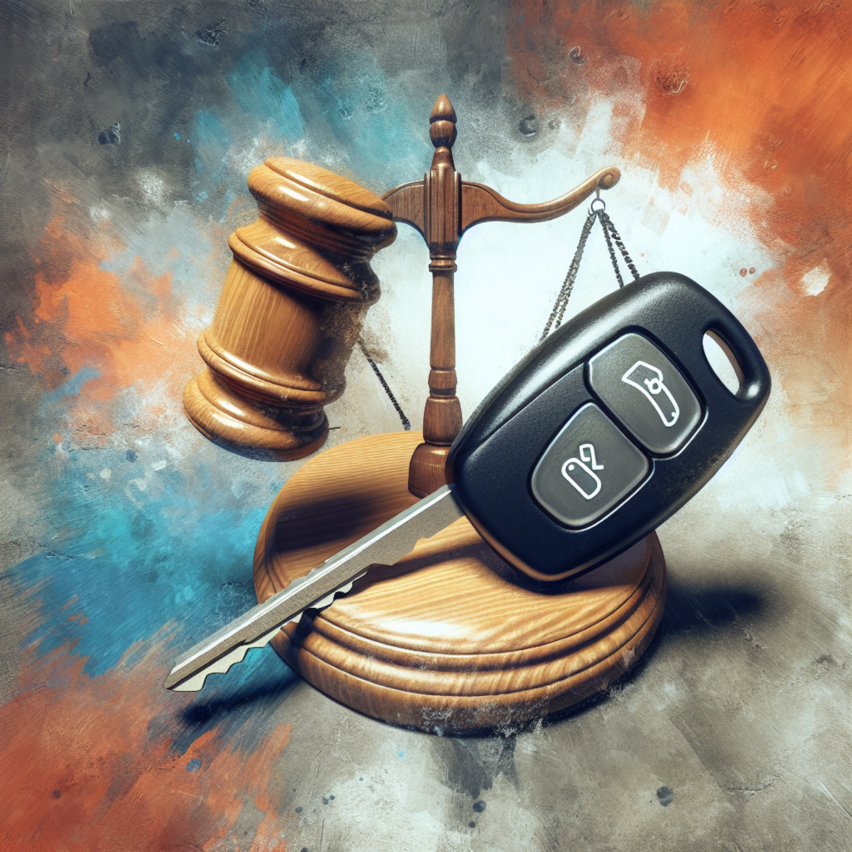 A gavel and car key balanced on a scale.