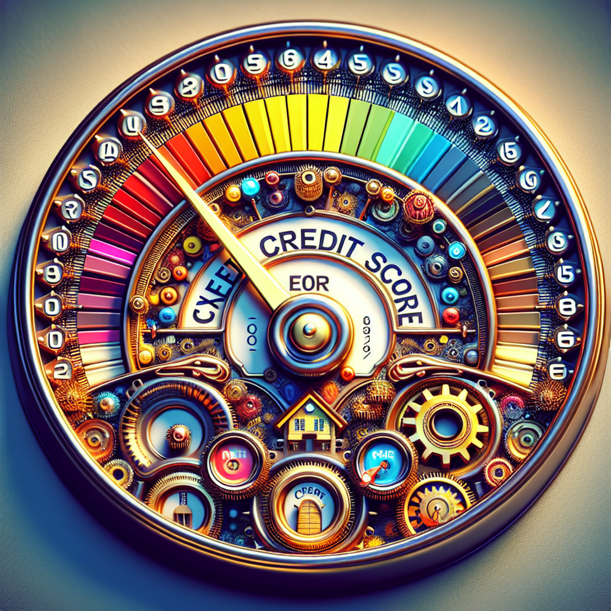 A credit score meter with a steampunk aesthetic, featuring intricate designs, gears, dials, and brass finishes. The needle points towards the high end, symbolizing an excellent credit score. The high end is represented by an icon of a mansion or shiny gold coins to symbolize prosperity.