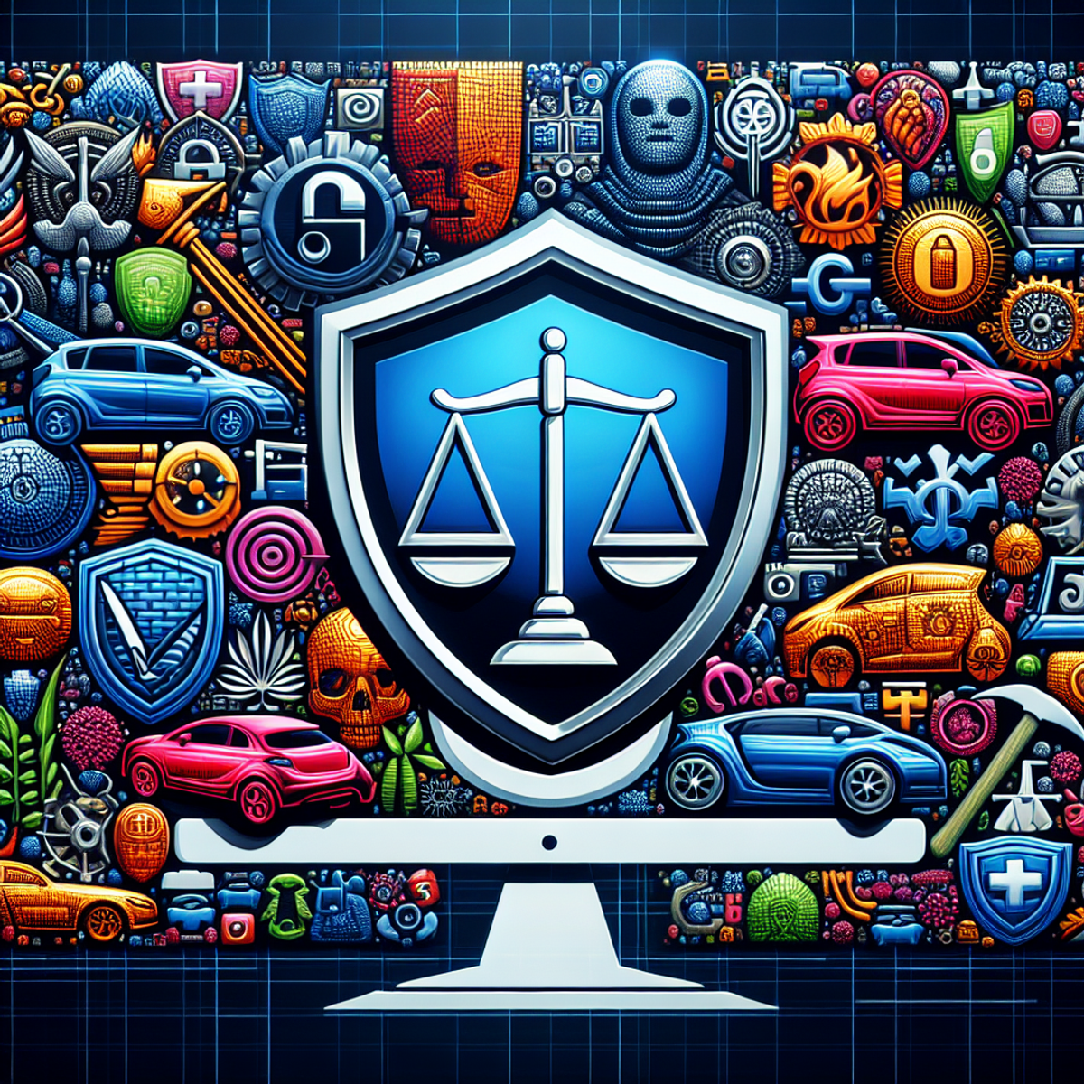 A digital collage displaying various symbolic representations of car insurance companies, including a shield for protection, a scale for balance and fairness, and a car for vehicular insurance.
