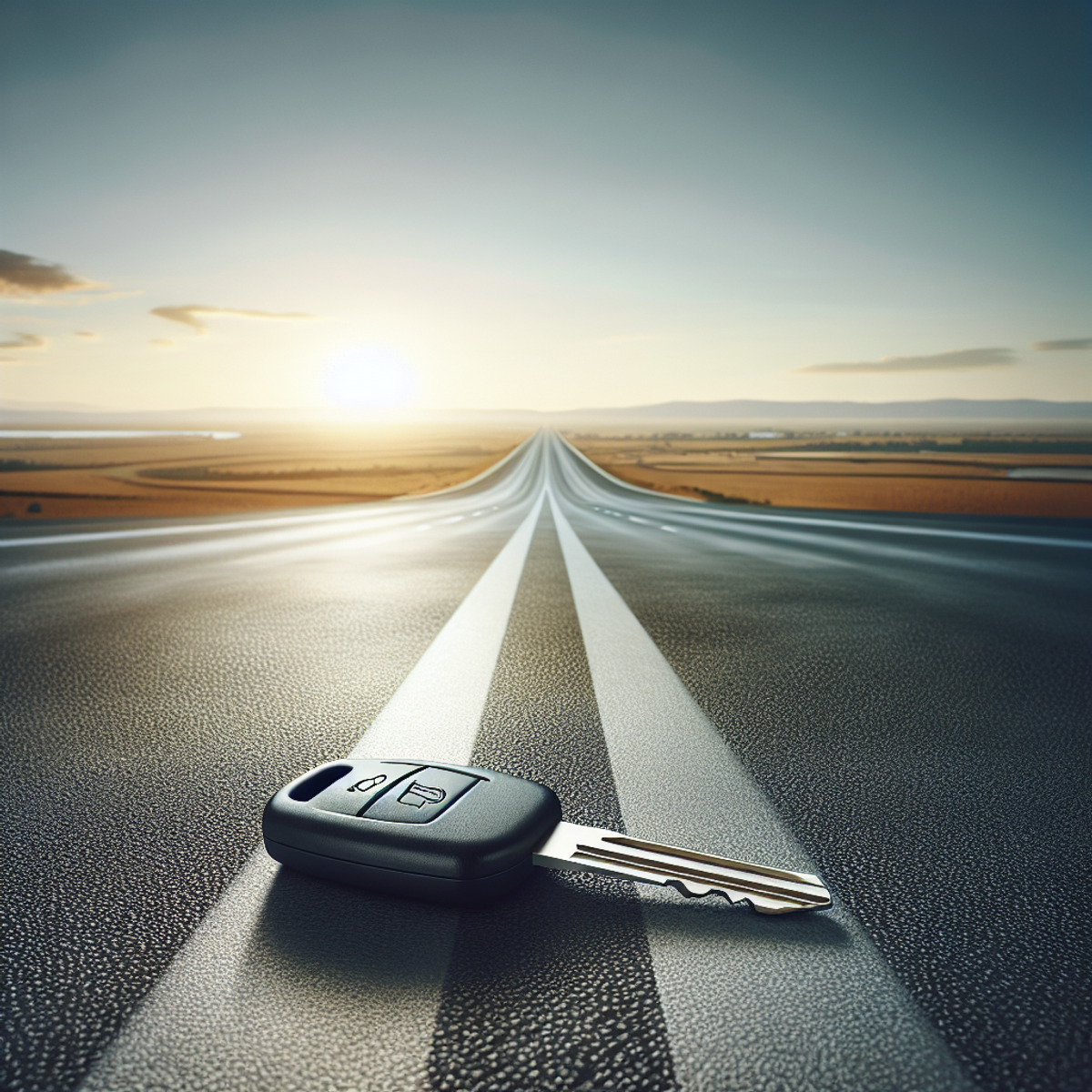 A car key embedded in the highway under a clear sky.