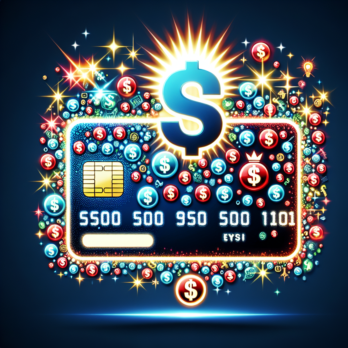 A shiny credit card with dollar sign emblems.