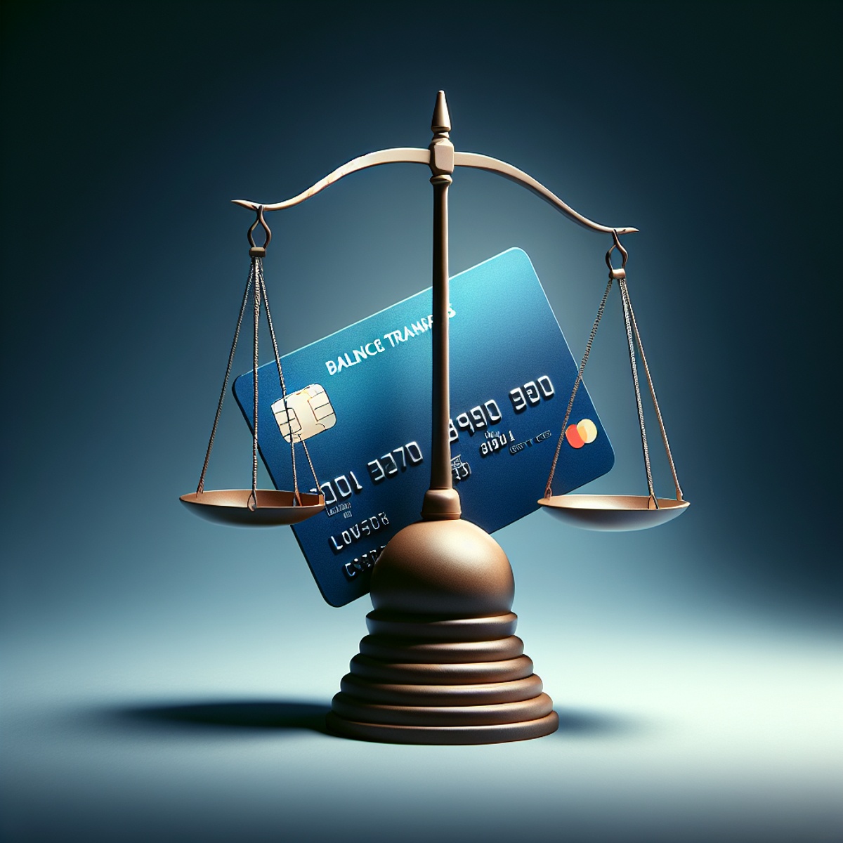 A credit card with a scale delicately balanced on top, symbolizing the impact of balance transfers on credit scores.