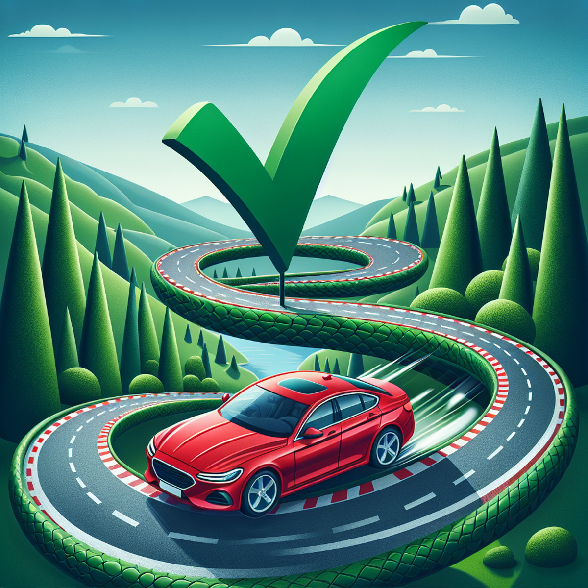 Red sedan driving on winding road with green checkmark symbol above.