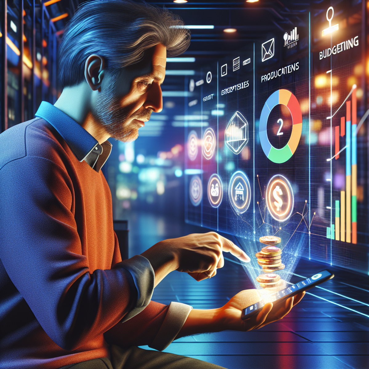 A middle-aged man is sitting at a desk, focused on a digital device displaying budgeting symbols such as a pie chart, growth graph, and stacks of virtual coins.