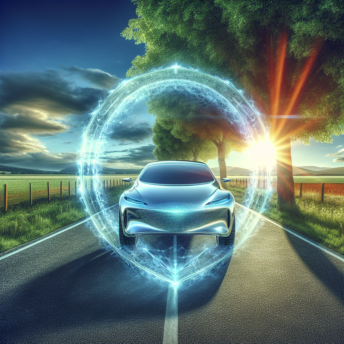 A sleek, metallic car with a radiant, translucent shield driving on a well-paved road surrounded by lush trees, open fields, and a clear blue sky.