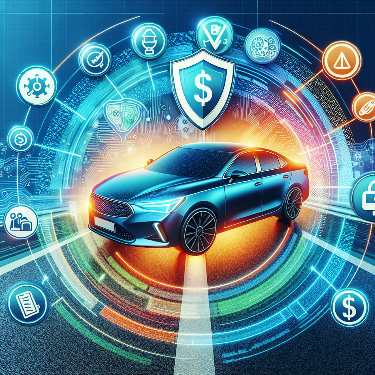 A car on a road surrounded by symbols representing factors affecting auto insurance premiums.