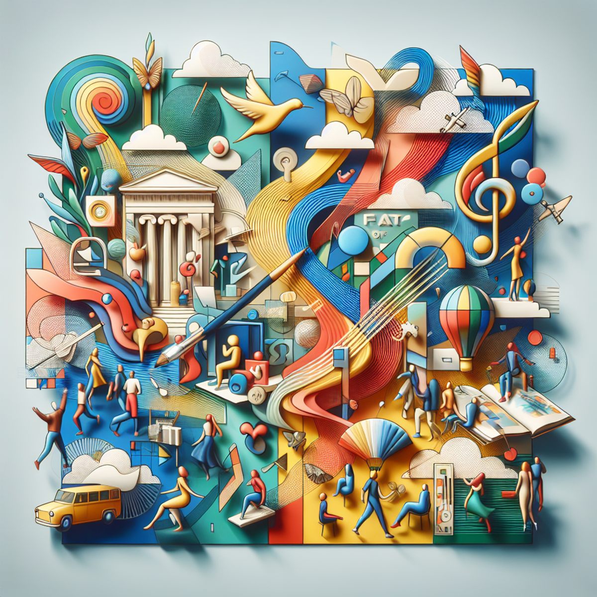 A colorful mural depicting various cultural symbols and art forms, with people interacting and admiring the vibrant artwork.