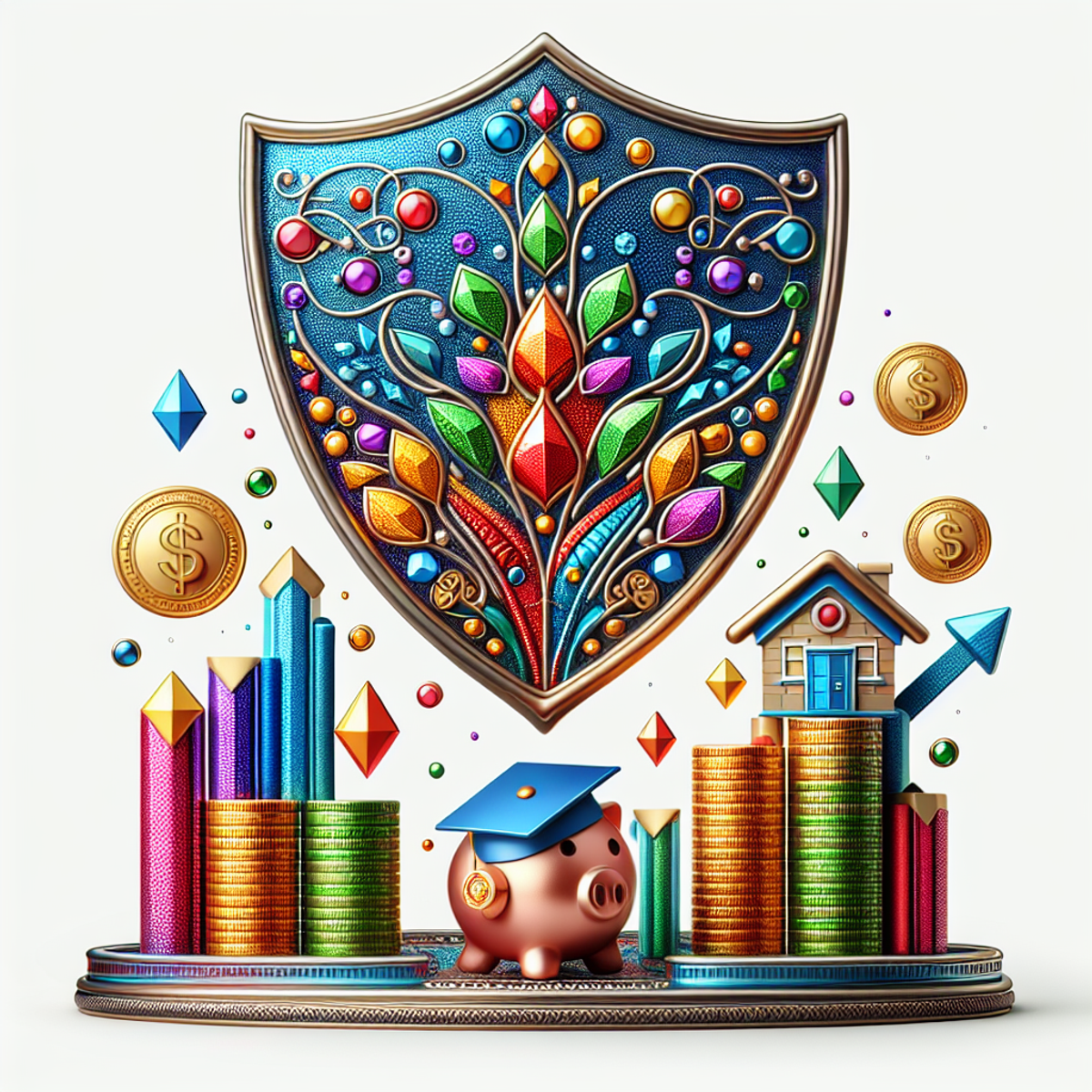 A colorful and robust shield with intricate designs and encrusted jewels, guarding a foundation made of gold coins, stock market graphs, a small miniature house, and an education cap representing a family's financial well-being.