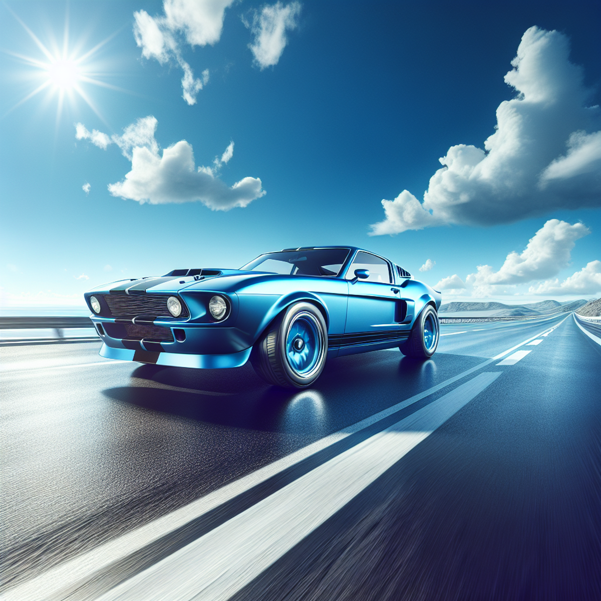 Blue car driving on open highway under clear blue sky.