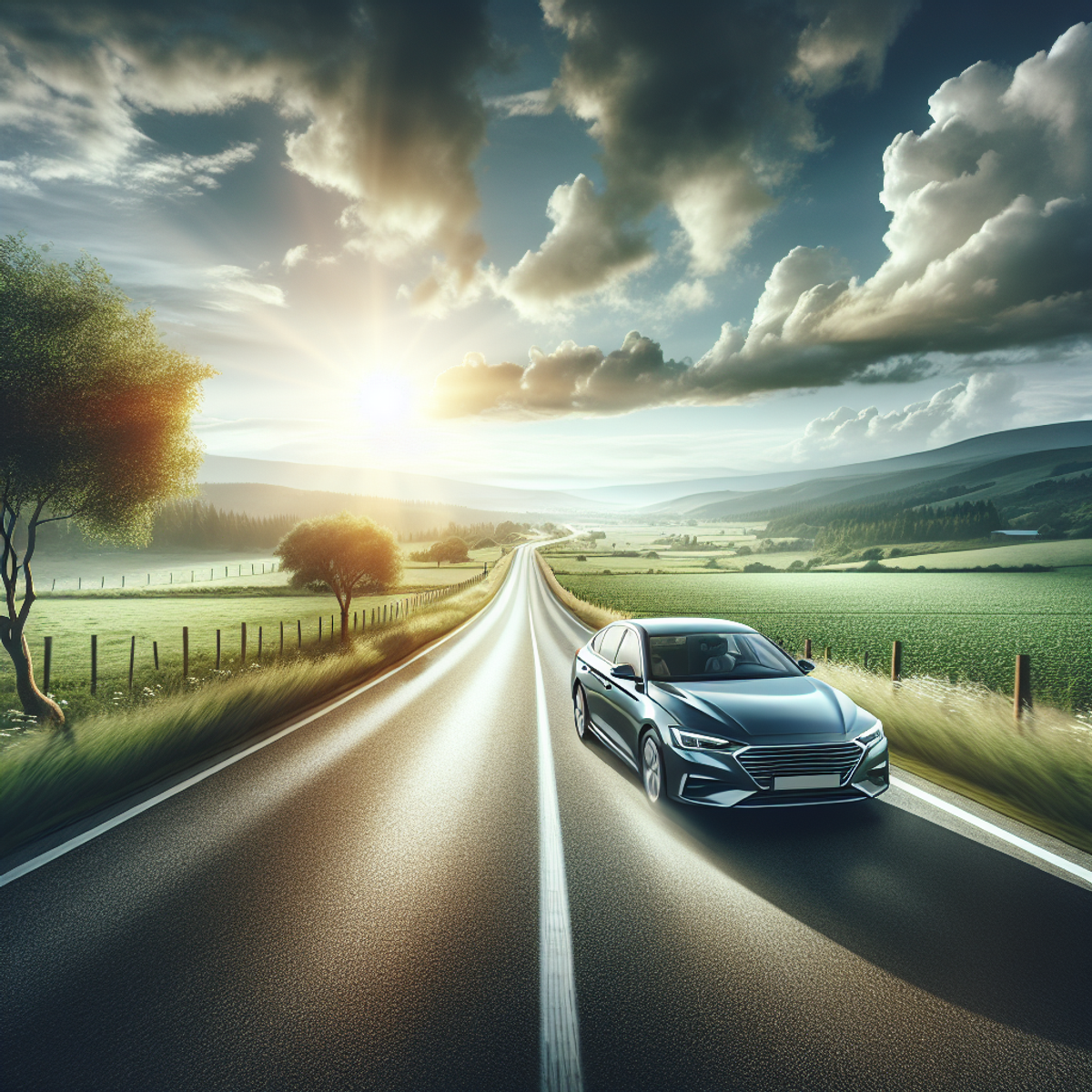 A sleek car driving on a countryside road with sunlight peeking through sparse clouds.
