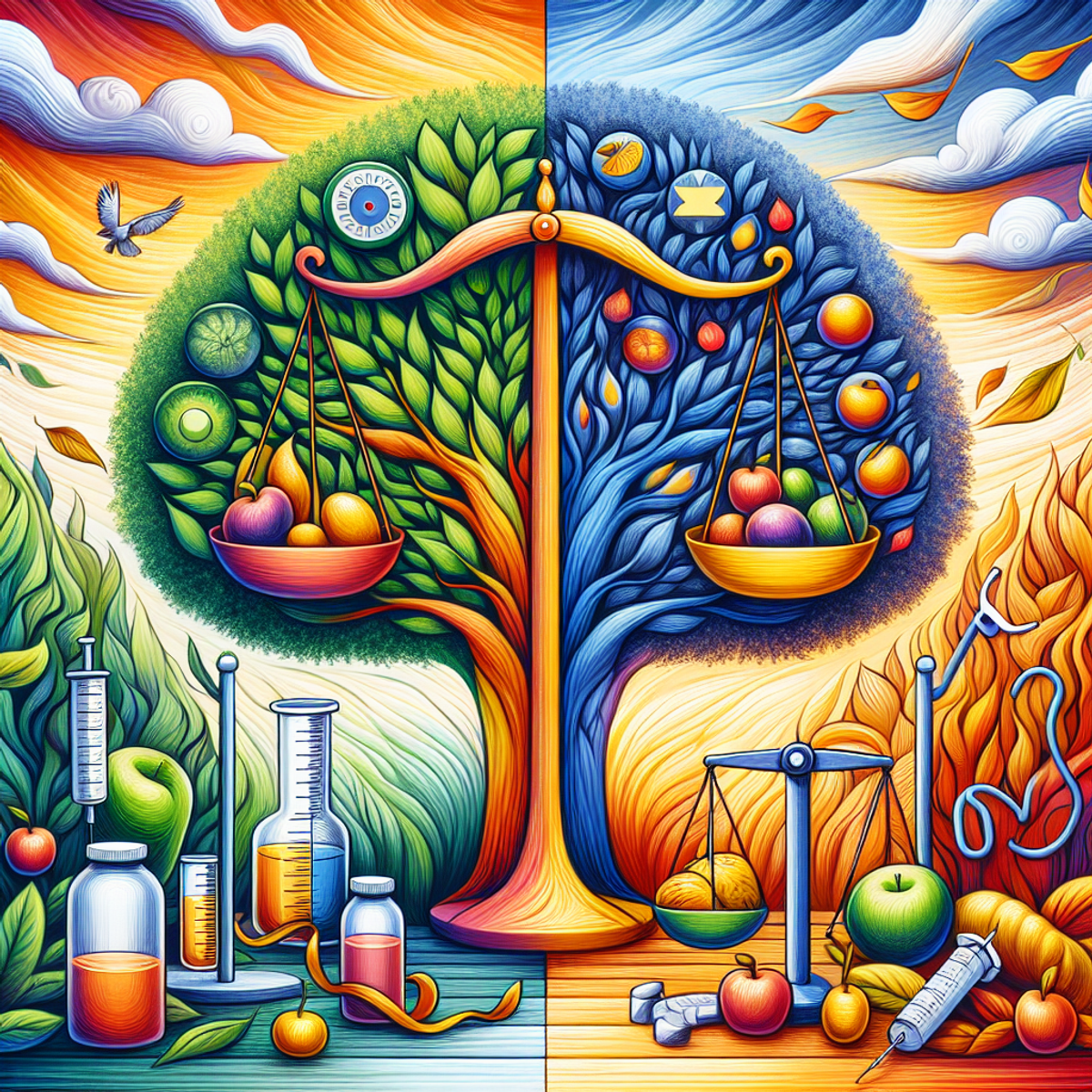 A flourishing tree with fruits on one side, a wilting tree on the other, and a balanced scale in between with medical tools and fruits.