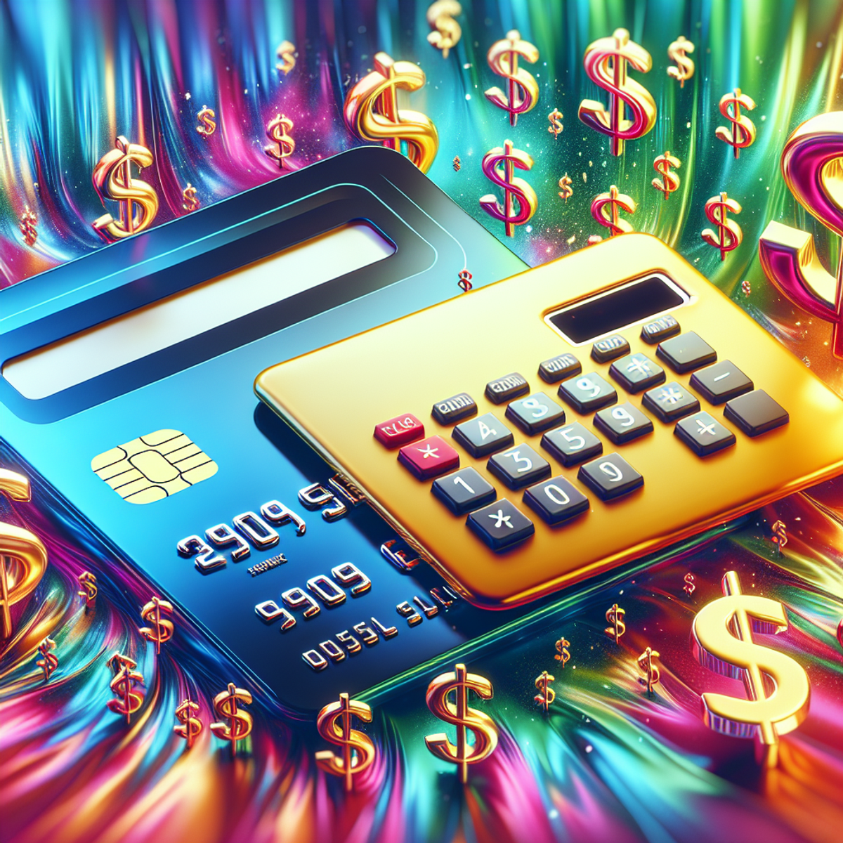 A shiny credit card surrounded by dollar symbols and a calculator.