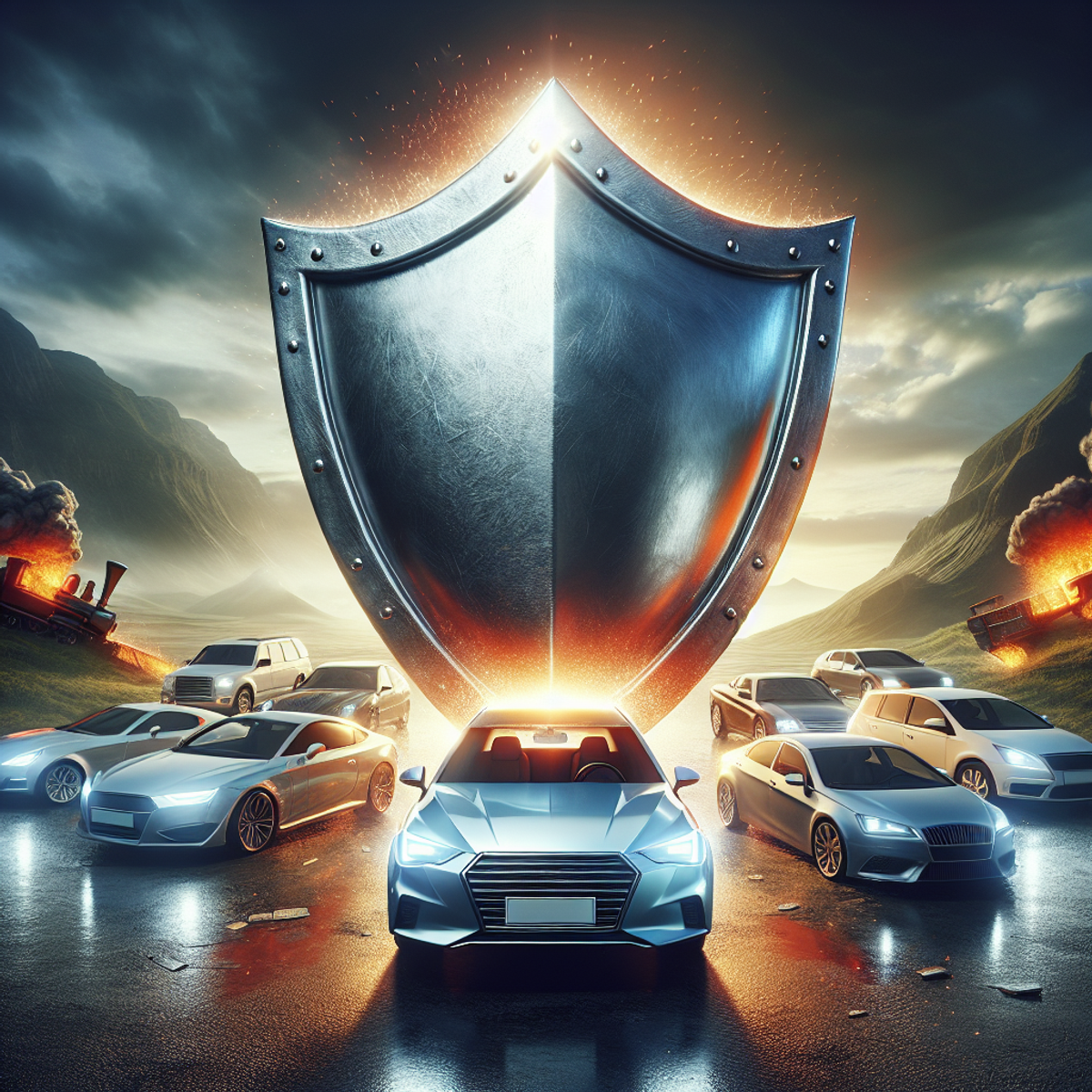 A broad, sturdy shield raised defensively over a modern car, reflecting intense light and surrounded by cars of various styles and periods.