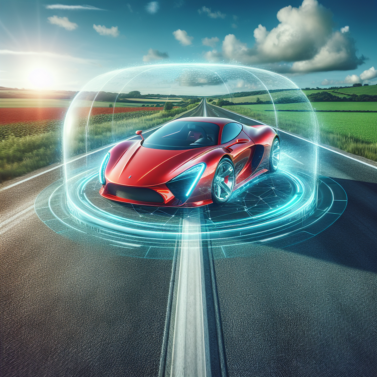 A bright red sports car speeding down an open road with a transparent shield surrounding it.