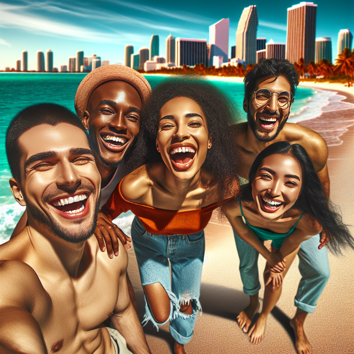 A group of diverse friends laughing and enjoying each other's company on a sunny beach.