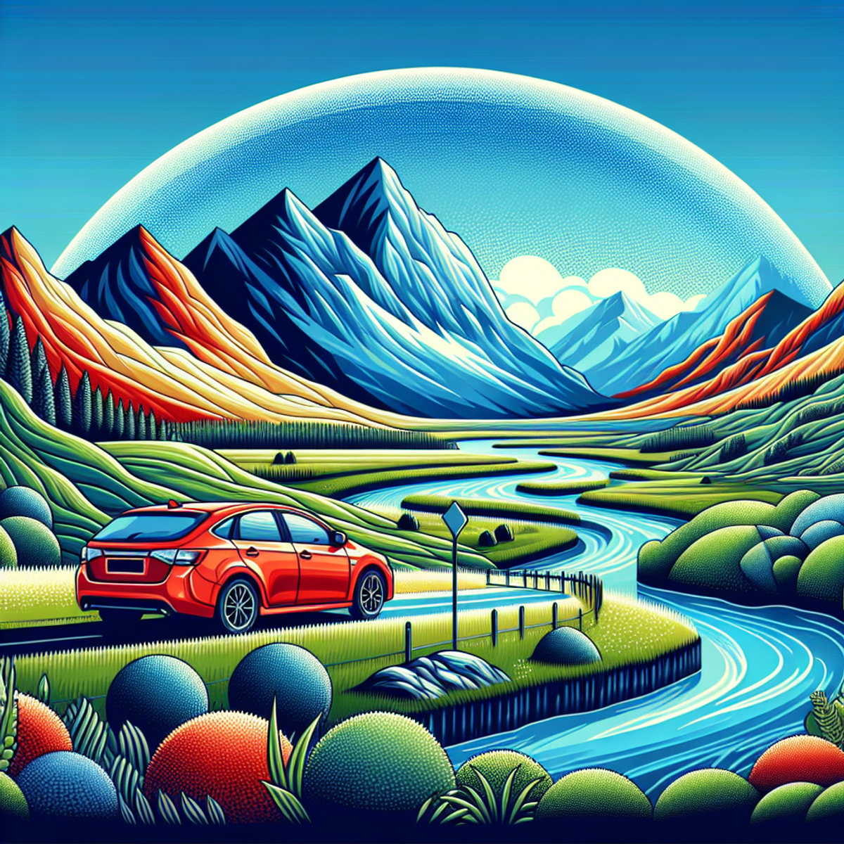 A red car driving through diverse landscapes with a protective barrier around it.